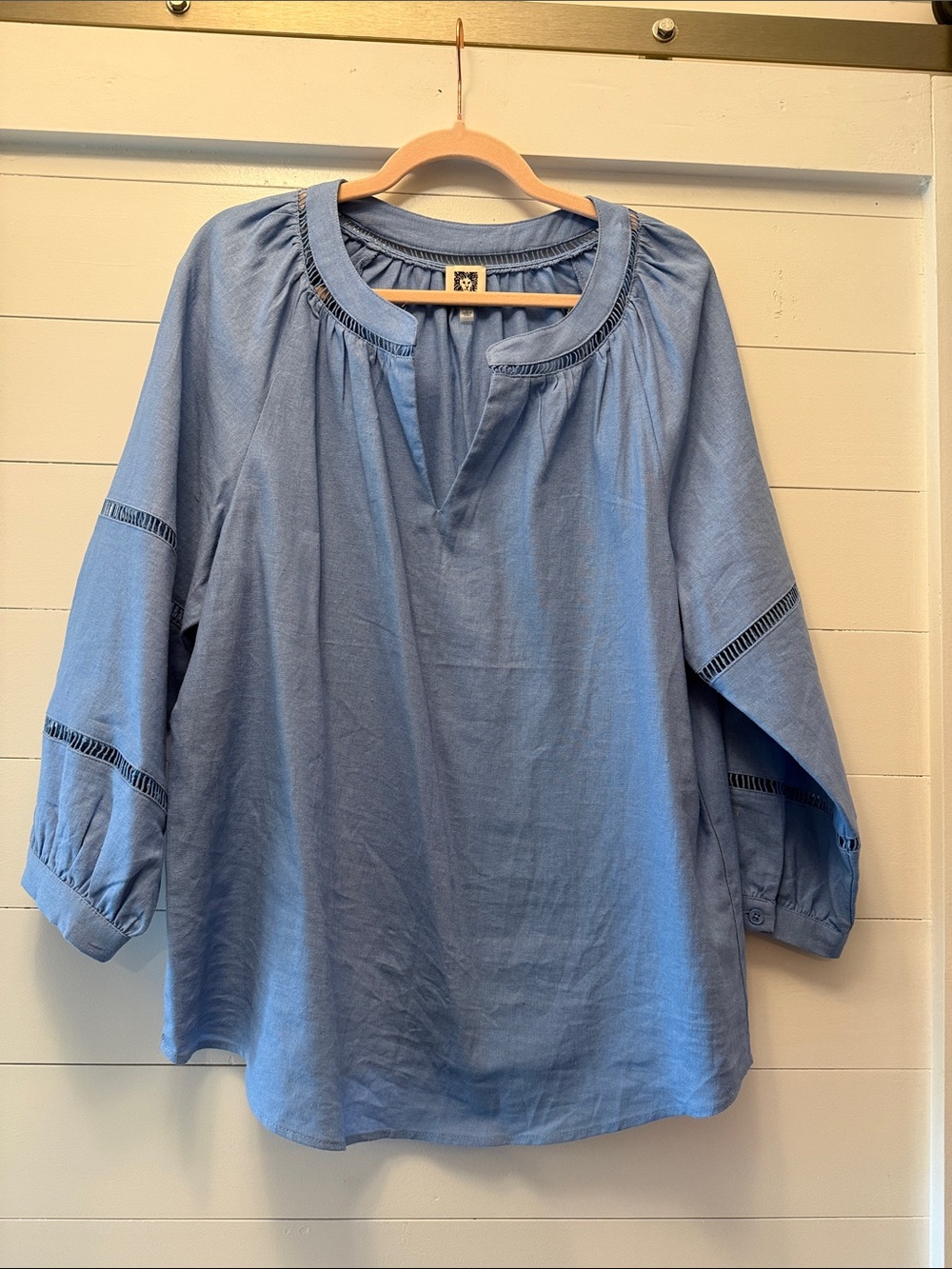 Anne Klein Light Blue Split-Neck Linen Peasant Blouse